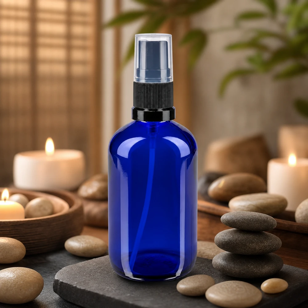 Botella pulverizadora azul de 100 ml de cristal de farmacia con pulverizador negro, en un ambiente de spa zen con velas