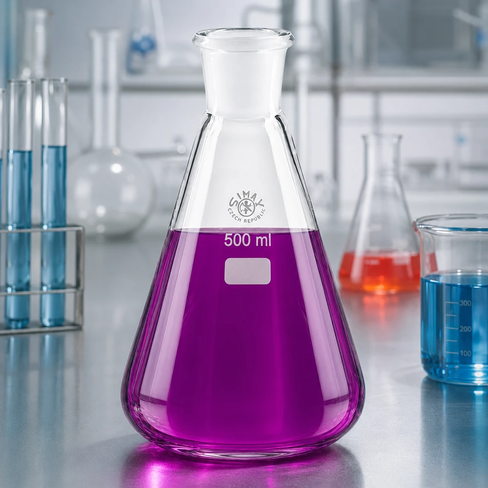 Matraz Erlenmeyer 500ml con junta esmerilada estándar (29/32) Líquido violeta en matraz Erlenmeyer de 500 ml con junta esmerilada estándar 29/32 en el laboratorio