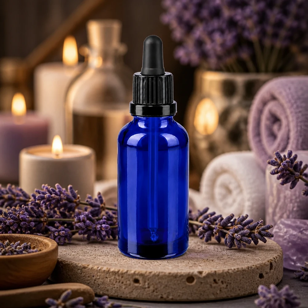 Frasco pipeta 30ml cierre inviolable negro BlueLine UT18/30 Frasco pipeta de 30 ml de alta calidad en elegante azul para aromaterapia y aceites esenciales