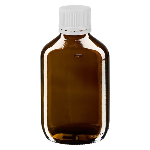 Frasco medicamento 200ml marrón, tapón blanco con precinto de seguridad ApoGlas Frasco medicamento 200ml marrón, tapón blanco con precinto de seguridad ApoGlas