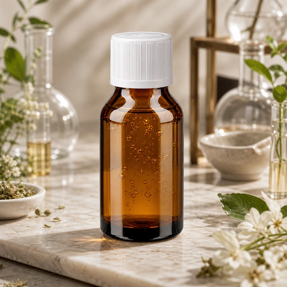 Botella de farmacia marrón 15ml tapón de rosca blanco Estándar resistente a los niños Aceite esencial en frasco de cristal marrón con protección contra los rayos UV, de 15 ml, con tapón de rosca blanco