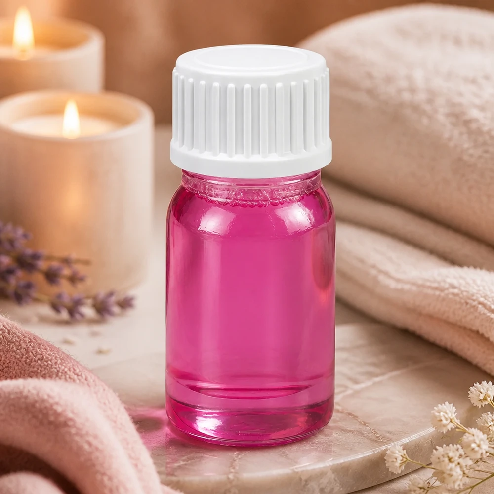 Frasco de vidrio compacto de 5 ml en rosa con rosca blanca UT18/5 para envasado de cosméticos profesionales