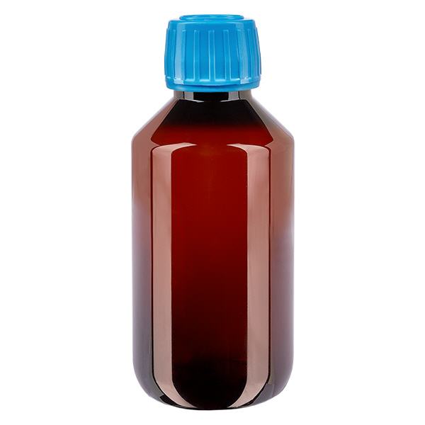 Botella de PET de 200 ml con tapón azul a prueba de manipulaciones Botella de PET de 200 ml con tapón azul a prueba de manipulaciones