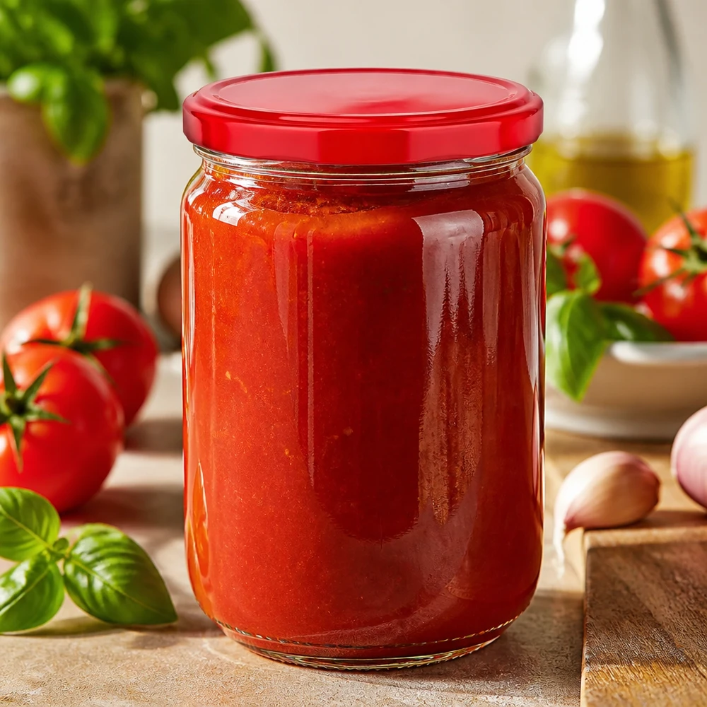 Frasco redondo de cristal UNiTWIST de 555 ml con tapa BasicSeal roja, lleno de salsa de tomate casera