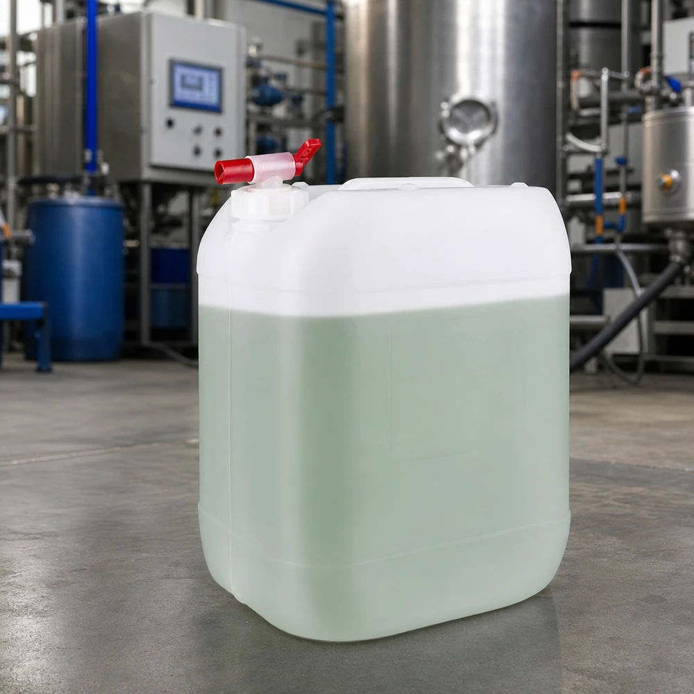 Bidón industrial transparente de 20 litros con líquido verde y grifo de salida rojo