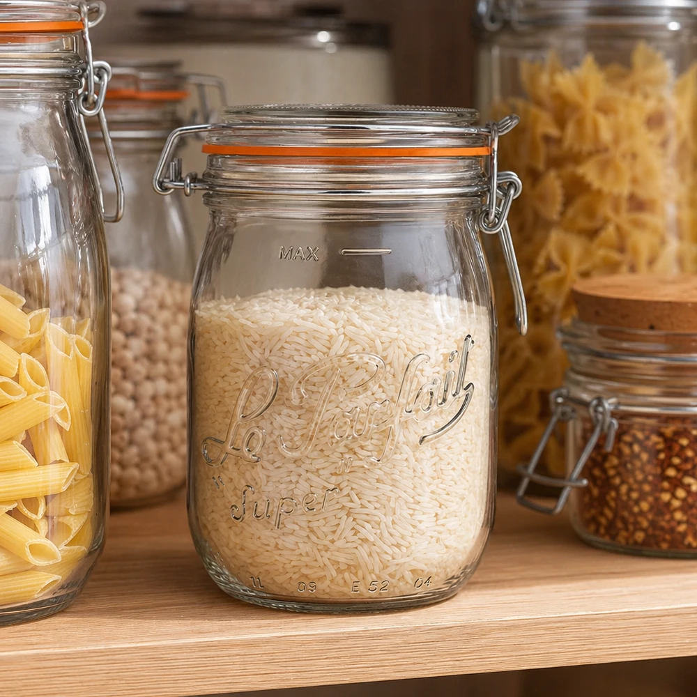 1000ml Le Parfait Super tarro de almacenamiento con tapa oscilante lleno de arroz en una cocina moderna con otros tarros de almacenamiento