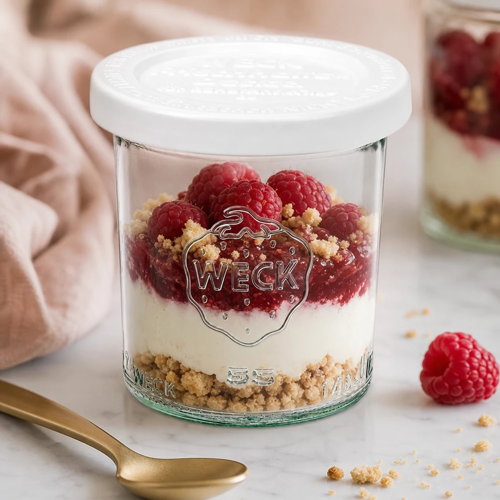 Vasos RR60 WECK de 140 ml rellenos de frambuesas y postre de mascarpone - elegante presentación para postres dulces
