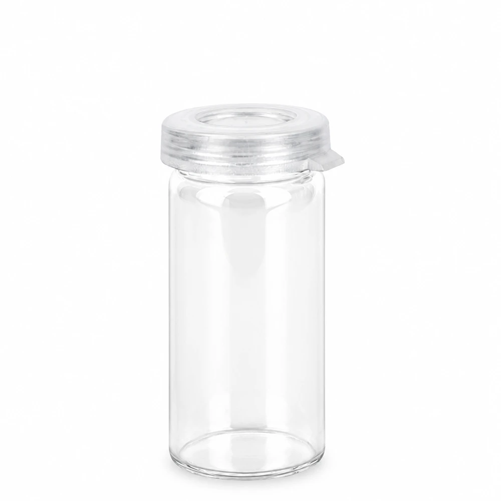 Vaso pequeño y transparente de 5 ml con borde enrollado y tapa a presión transparente para comprimidos