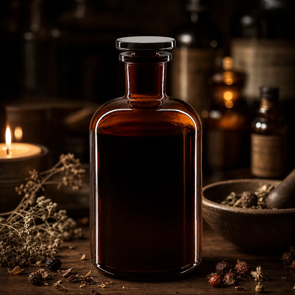 Botella de cuello estrecho de vidrio ámbar de 500 ml, de hombros redondeados, con tapón de vidrio, para extractos de hierbas y tinturas