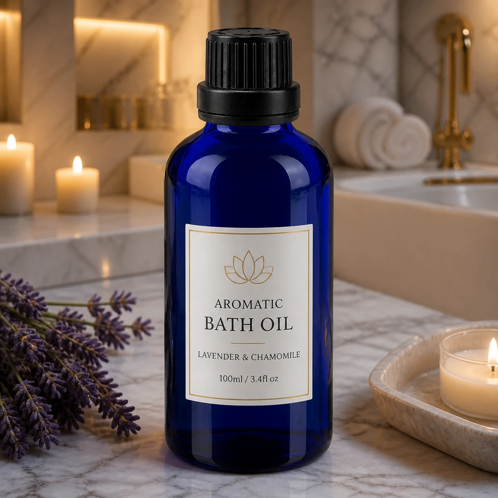 Frasco de cristal azul de 50 ml con etiqueta de aceite de baño sobre mármol, junto a lavanda fresca y velas