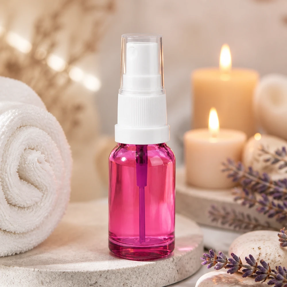 Frasco pulverizador de cristal de 10 ml en un elegante diseño morado perfecto para cosmética DIY y cosmética natural