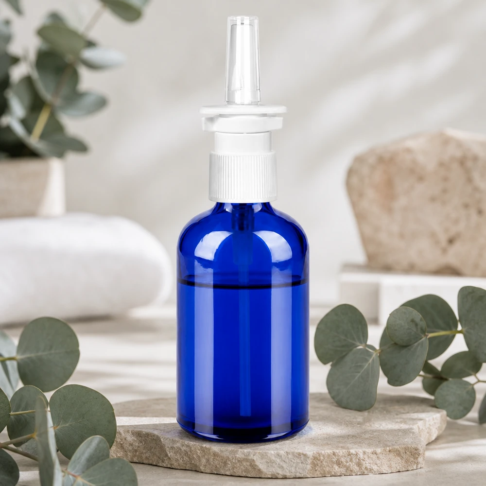 Frasco pulverizador de 100 ml de color azul oscuro con pulverizador de bomba blanco para productos farmacéuticos