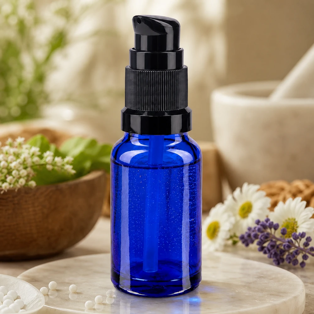Frasco con dosificador de 10 ml, de cristal azul de farmacia, con dosificador negro para sérums