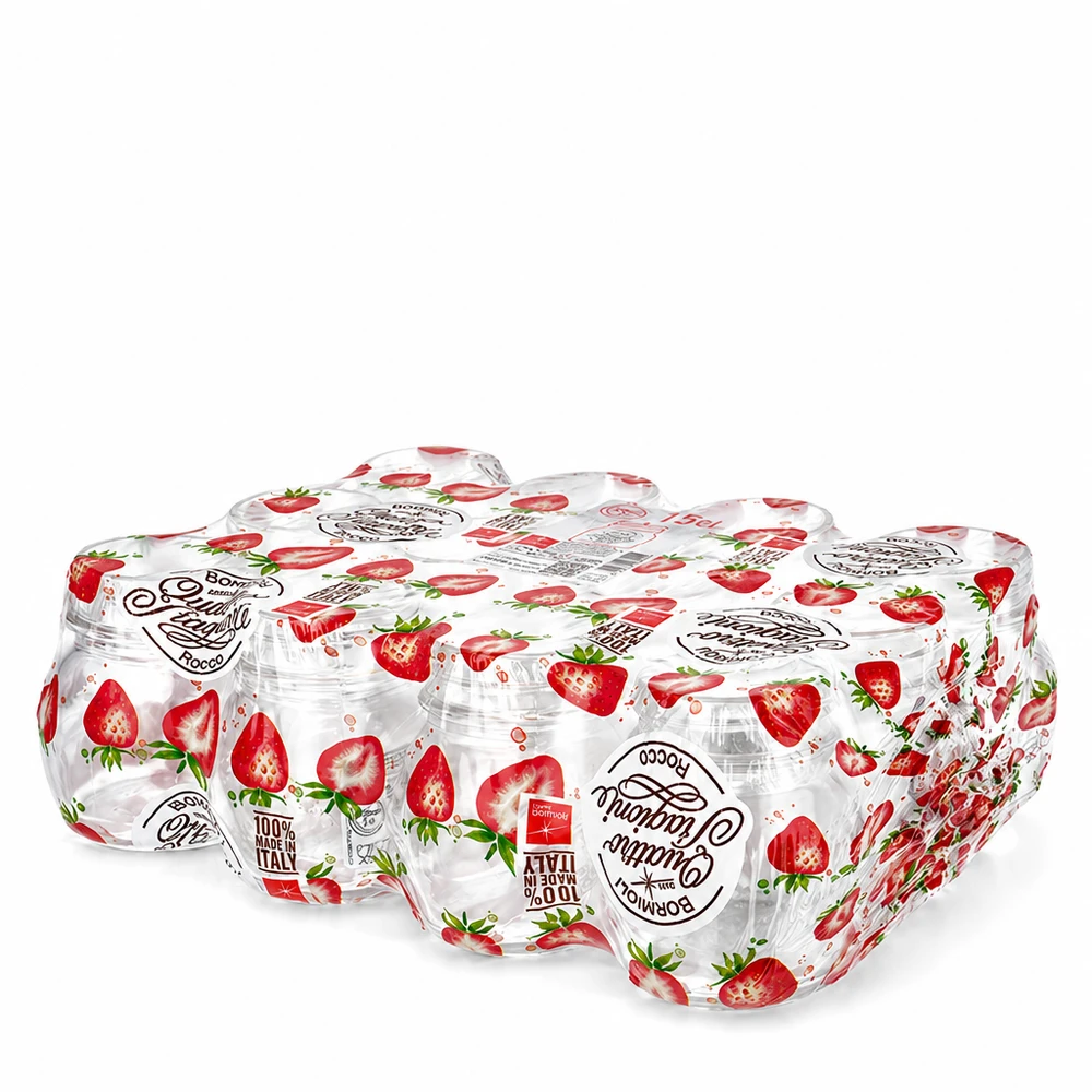 Vaso redondo 150ml "Quattro Stagioni" QS56mm Lote de 12 tarros de conserva Quattro Stagioni de 150 ml con diseño de fresas y tapa de rosca para conservas