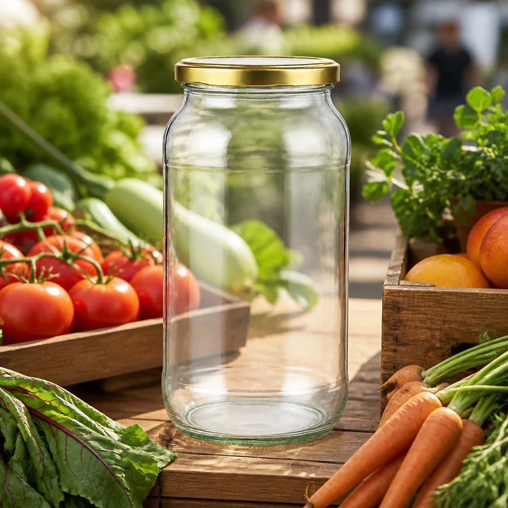 Tarro redondo de 1062 ml con tapa dorada BasicSeal entre tomates frescos y zanahorias en una mesa de madera en el jardín