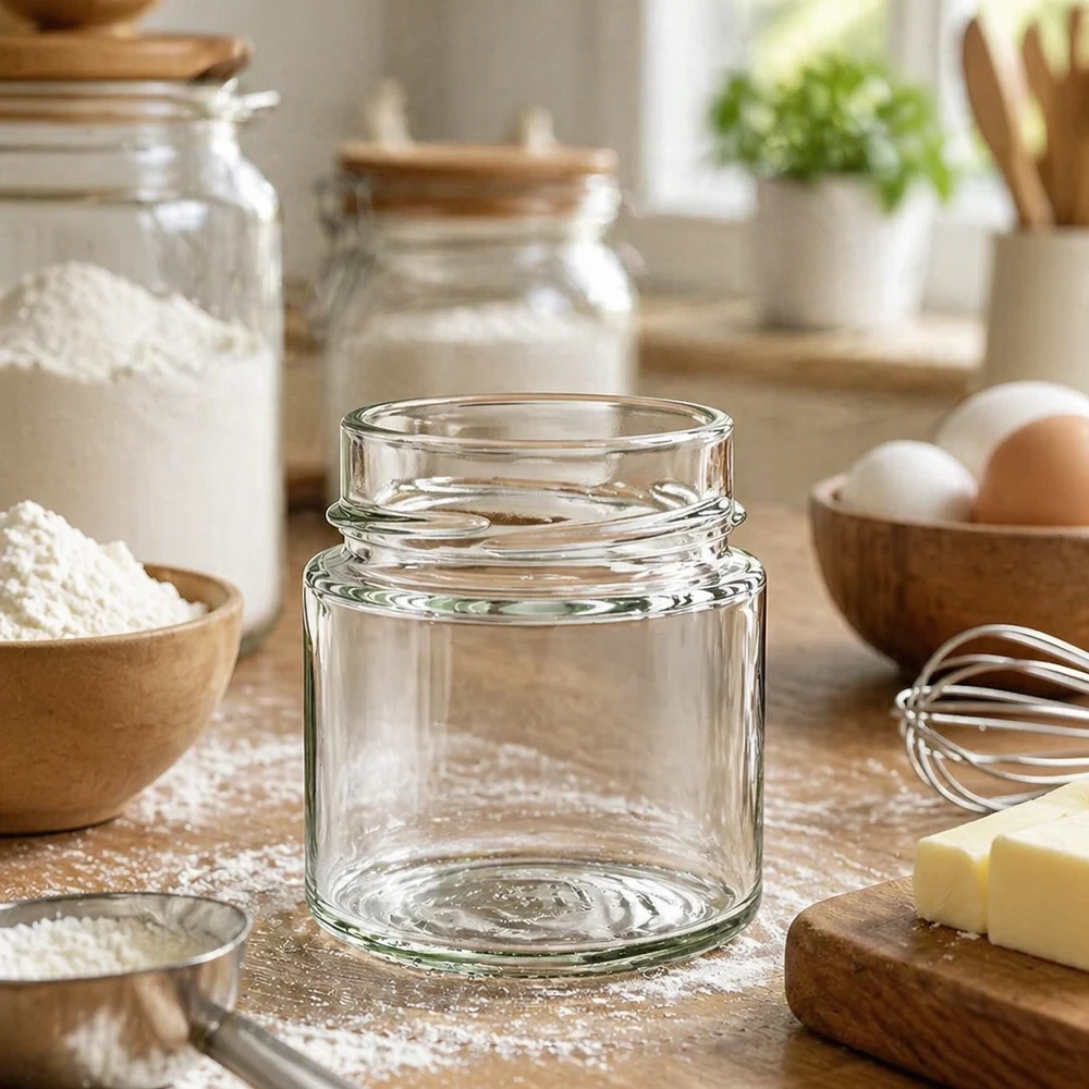 Tarro de cristal redondo de 135ml sin tapa (TO58deep) UNiTWIST Tarro redondo vacío para conservas 135ml UNiTWIST Runda135 TO58deep sobre la mesa de la cocina entre los ingredientes para hornear y los utensilios de cocina