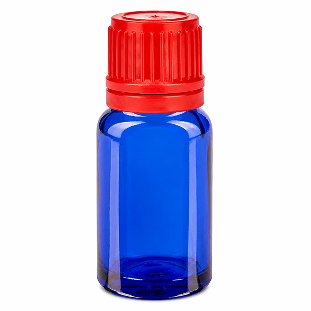 Frasco 10ml 11mm tapón rosca rojo con precinto BlueLine UT18/10 Frasco de vidrio azul de 10 ml con tapón de rosca rojo de 11 mm SV para aceites esenciales y tinturas