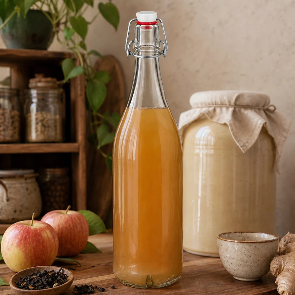 Botella de vidrio de 1000ml + tapa oscilante de porcelana UNiTWIST Botella de cristal de 1000 ml con tapón oscilante llena de zumo de manzana junto a manzanas frescas y kombucha en una cocina rústica