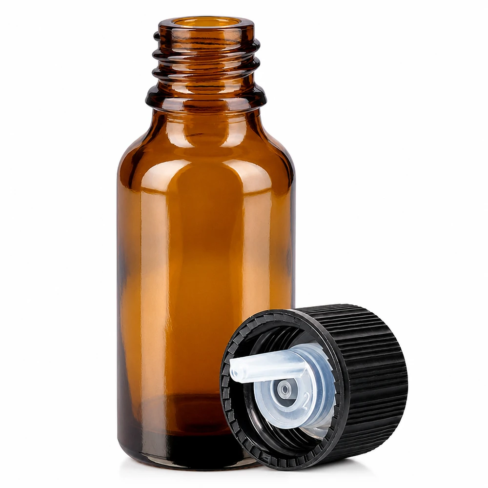 Frasco cuentagotas de 20ml 1mm negro cierre estándar BrownLine UT18/20 Frasco cuentagotas de vidrio ámbar de 20 ml con tapón cuentagotas de 1 mm para dosificar líquidos con precisión