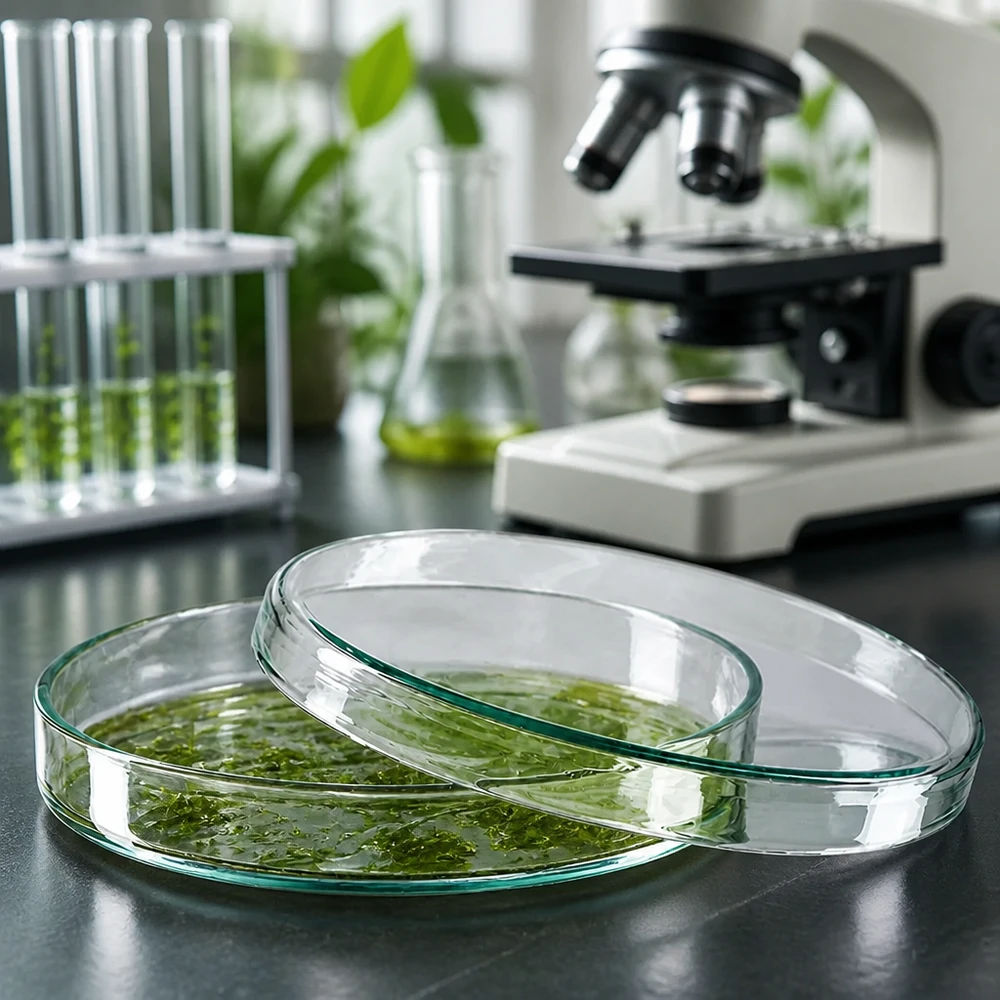 Placa Petri 100x10mm vidrio Placa de Petri de cristal de 100 x 10 mm con un cultivo de algas verdes junto a un microscopio en un laboratorio de investigación