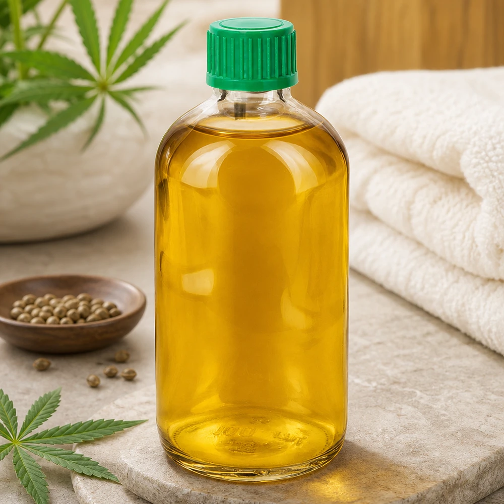Frasco cuentagotas de 100 ml y 0,8 mm de color verde con cierre estándar ClearLine UT18/100 Aceite de cáñamo en frasco cuentagotas ClearLine UT18 de 100 ml con tapón verde y hojas de cáñamo