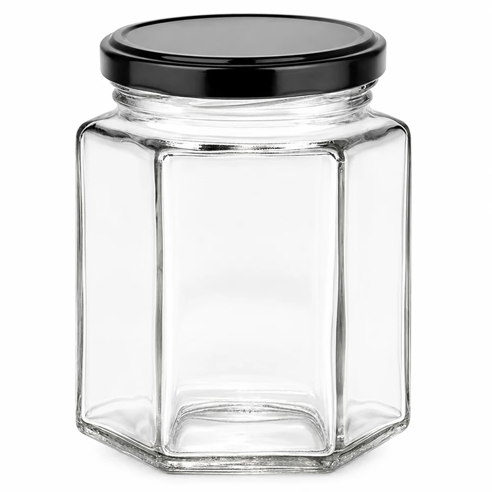 Tarro hexagonal de 196 ml con tapa negra BasicSeal - tarro hexagonal de mermelada de vidrio transparente para conservas y cremas para untar