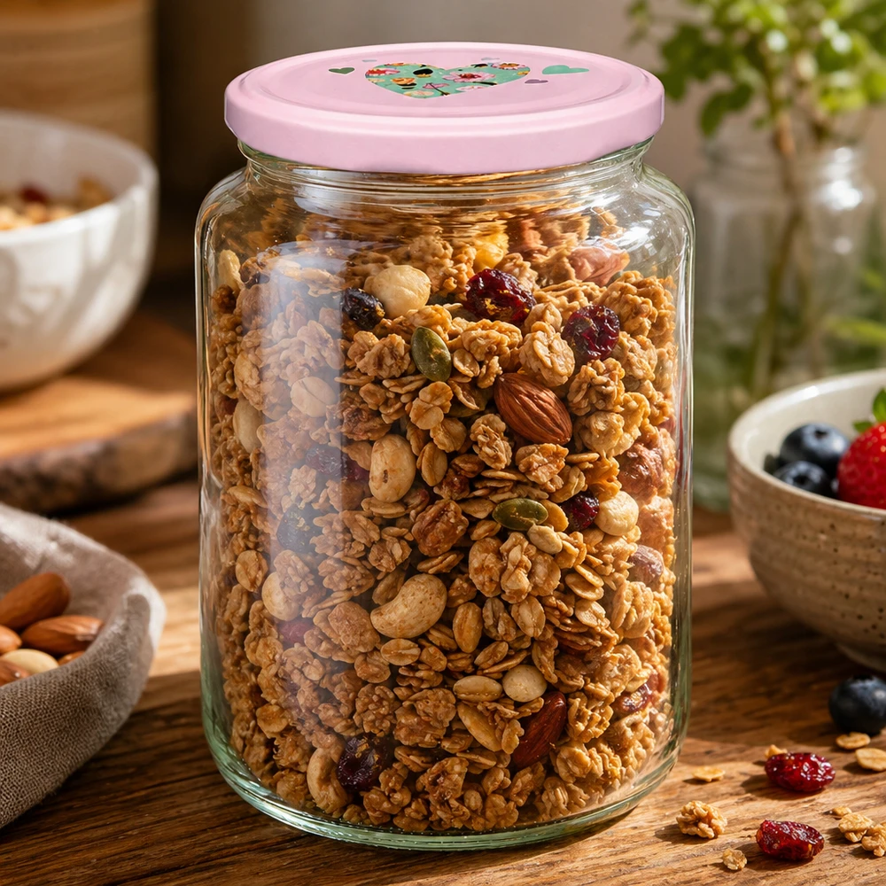 Tarro redondo 795ml + tapa BasicSeal rosa corazón UNiTWIST Rundglas 795ml mit rosa Herzdeckel gefüllt mit Müsli Nüssen und Trockenfrüchten als praktisches Vorratsglas für Küche