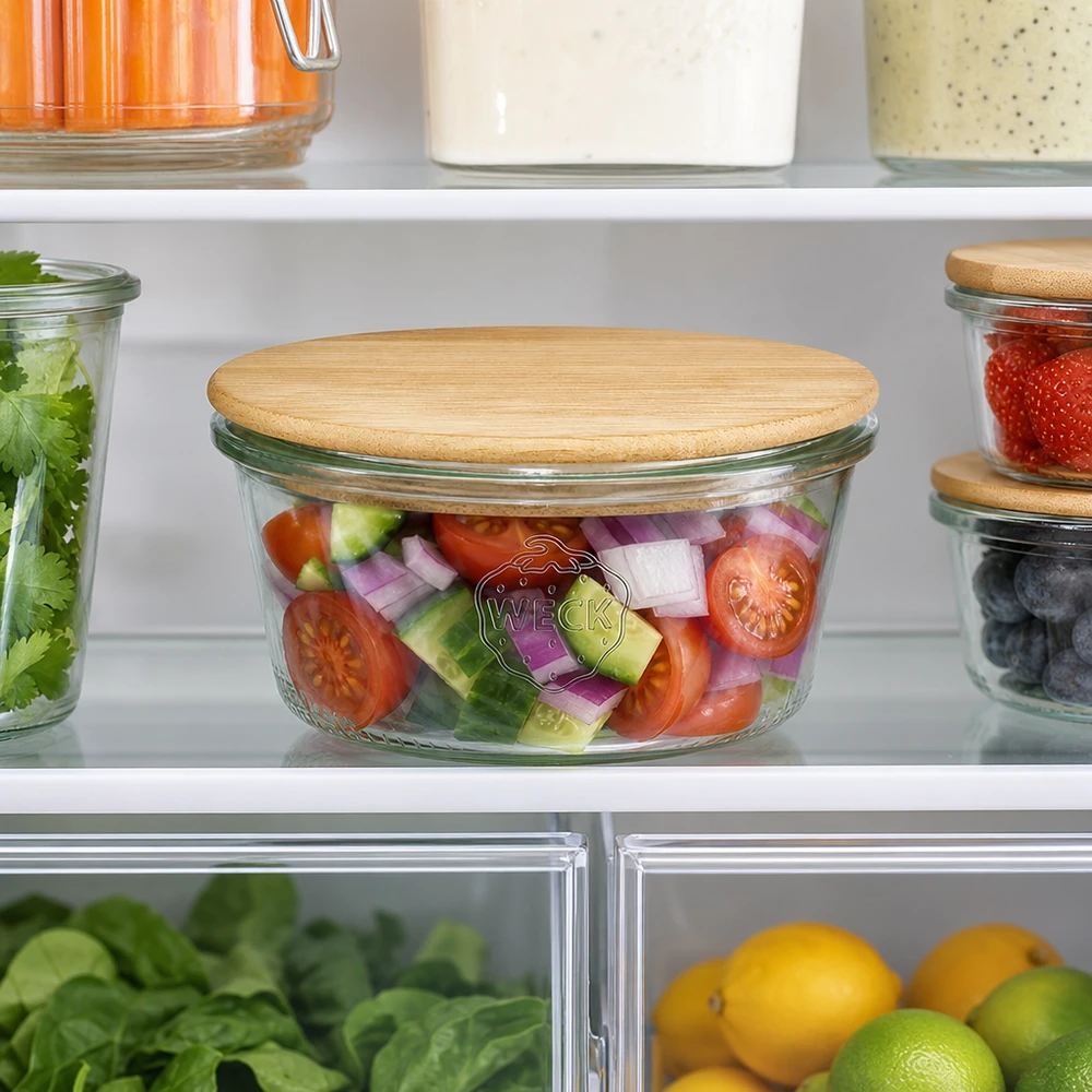WECK vasos 290ml RR100 con tapa de madera de bambú en la nevera, lleno de ensalada fresca, almacenamiento óptimo