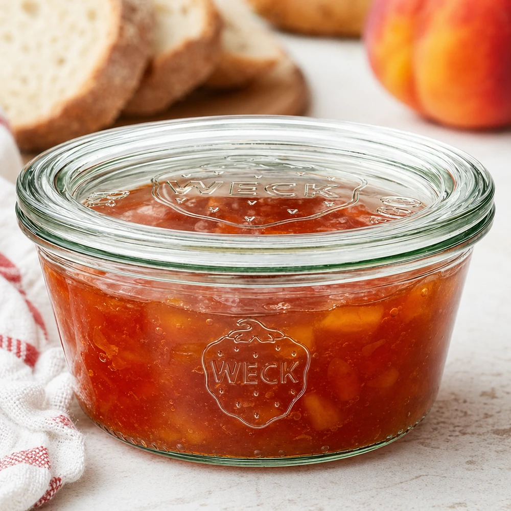 Tarro de cristal bajo de 290 ml con tapa de cristal WECK RR100 Tarro WECK 290ml RR100 con mermelada de melocotón y tapa de cristal junto a pan y fruta en una acogedora escena de cocina
