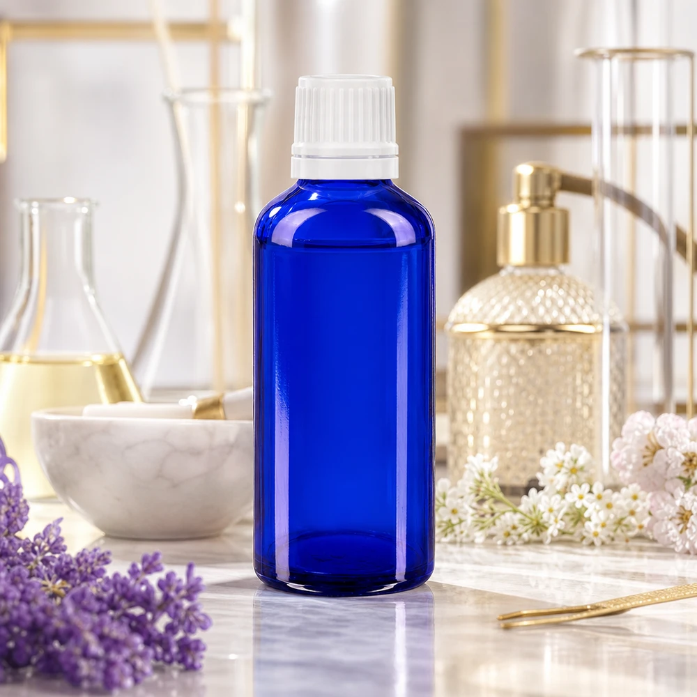 Botella de cristal azul de 50 ml con dosificador de gotas blanco de 0,7 mm para una dosificación precisa