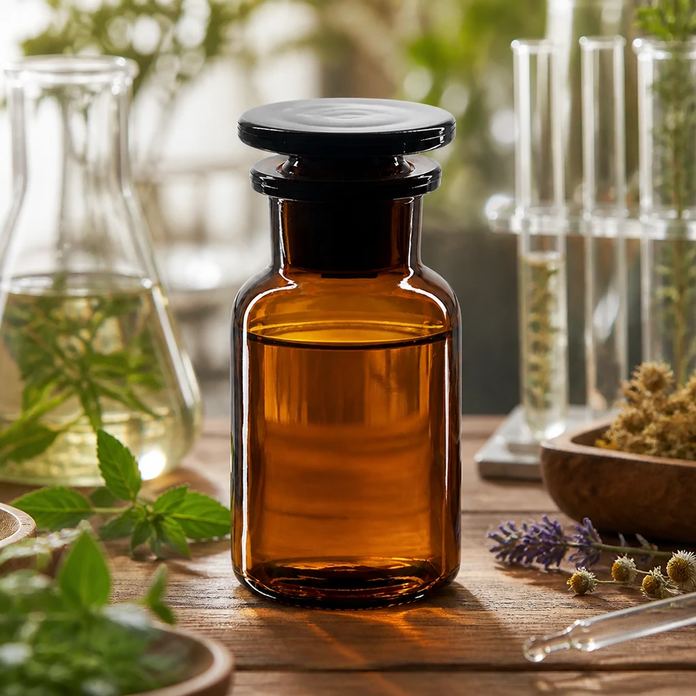 Botella de hombro redondo 100ml marrón cuello ancho tapón de vidrio Frasco de farmacia de color ámbar de 100 ml, de cuello ancho, con tapón de cristal negro, sobre una mesa de madera