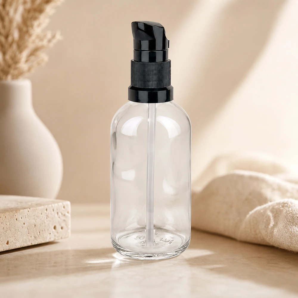 Frasco de cristal transparente vacío de 100 ml con dosificador negro ClearLine UT18, frasco cosmético rellenable
