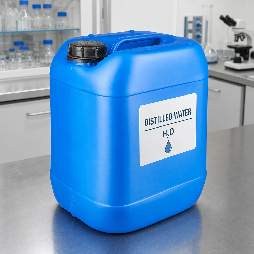 Agua destilada en un bidón azul de 20 litros con tapón OV en el laboratorio
