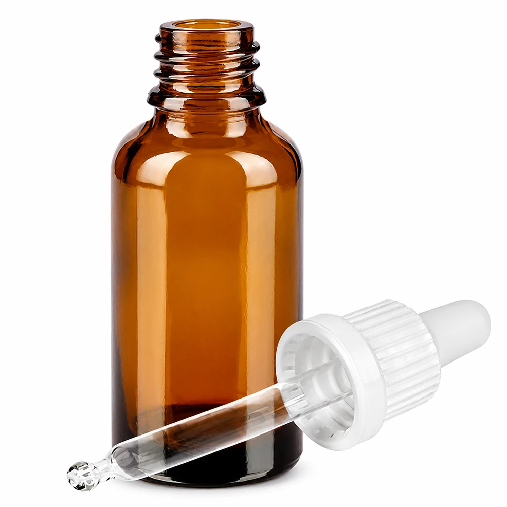 Frasco de vidrio ámbar de 30 ml con pipeta y tapón cuentagotas para dosificar líquidos con precisión