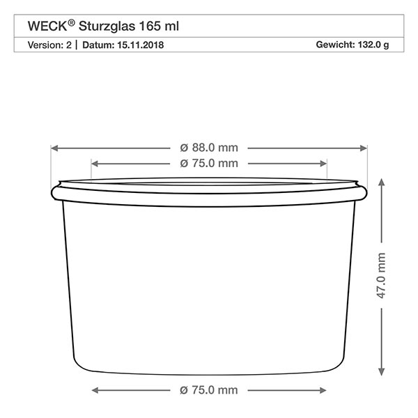 Juego de 12 vasos Weck de 165 ml con 12 tapas de vidrio, 12 Dibujo técnico dimensional WECK 165ml RR80 vasos con dimensiones diámetro 88mm altura 47mm peso 132g