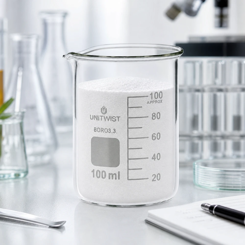 Vaso 100 ml borosilicato, molde bajo UNiTWIST Vaso de precipitados UNiTWIST de 100 ml lleno de polvo blanco sobre la mesa de trabajo del laboratorio