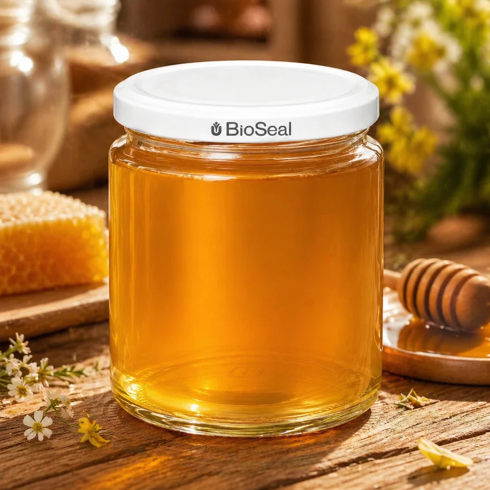 Tarro de miel BioSeal UNiTWIST de 250 ml lleno de miel dorada sobre una mesa de madera con panal y palito de miel