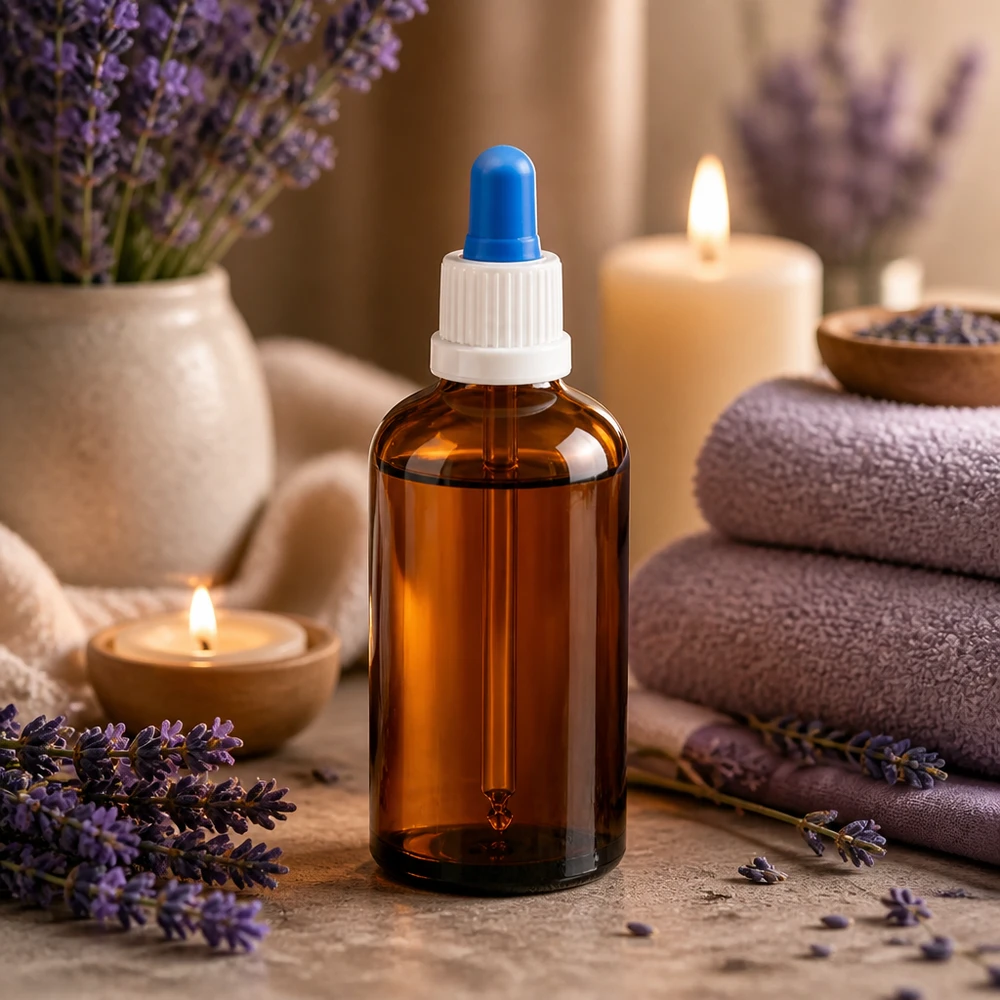 Frasco pipeta de vidrio con protección UV 100ml marrón con tapón blanco y pipeta azul para aromaterapia