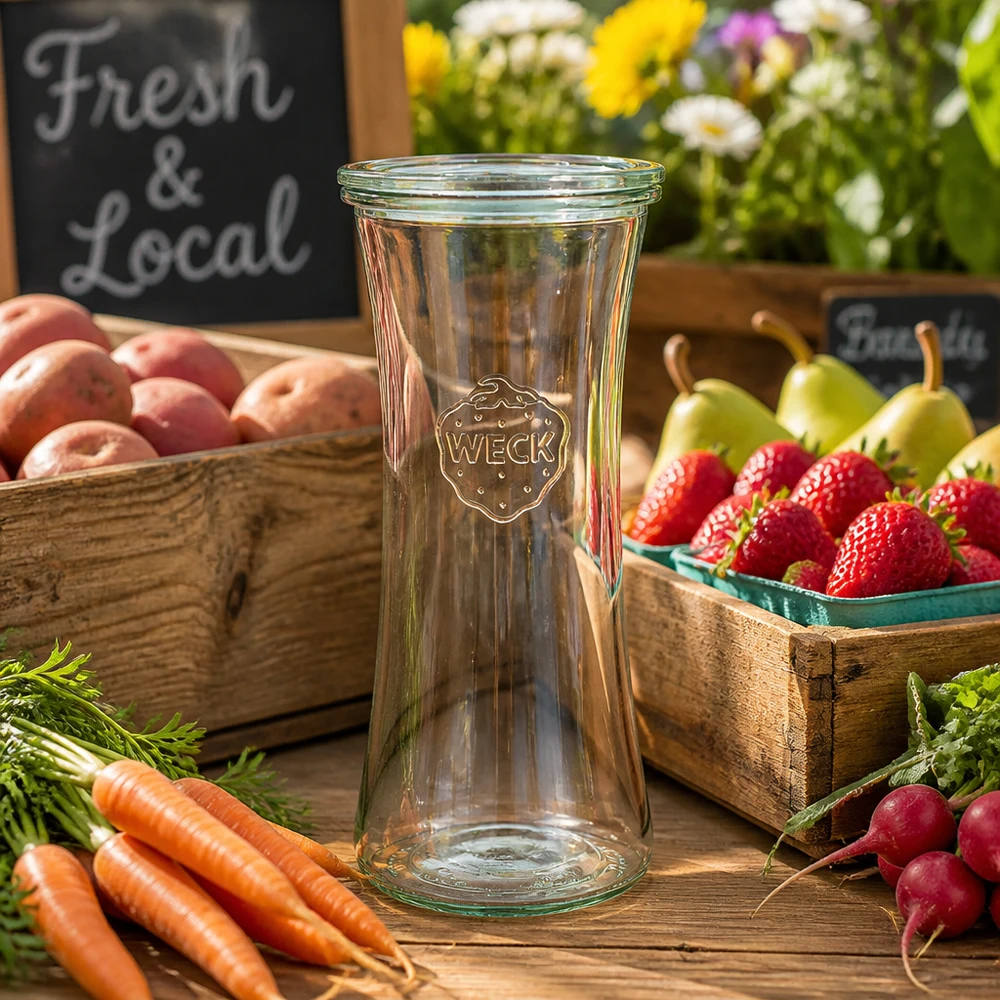 WECK tarro delicatessen 700ml RR80 entre frutas y verduras frescas sobre una mesa de madera rústica - tarro de conserva para pro local
