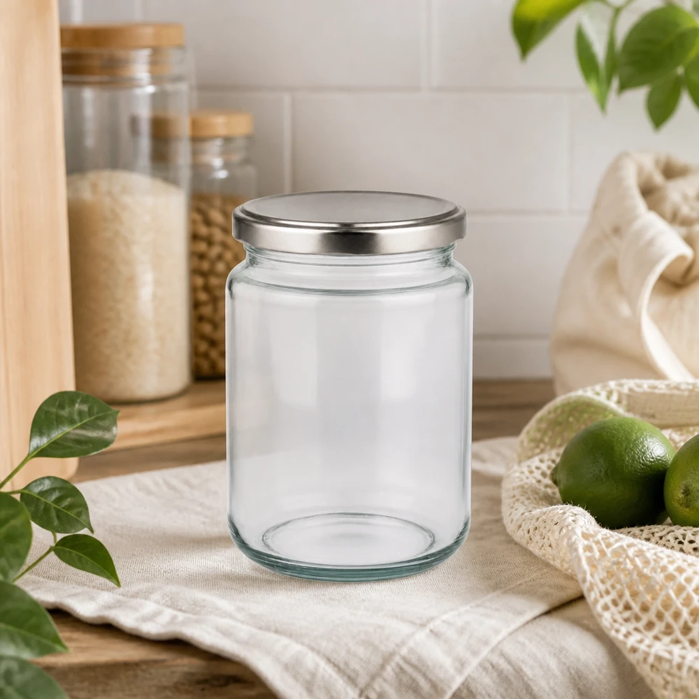 Tarro redondo de 382ml con tapa BasicSeal plata UNiTWIST 382ml Rundglas mit silbernem Deckel in nachhaltiger Küchenumgebung mit Limetten Jutebeutel Glasvorräte Öko-Lifestyle