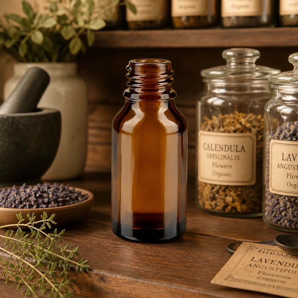Frasco de farmacia ApoGlas marrón de 15 ml en auténtica botica de hierbas con caléndula lavanda y frascos de plantas medicinales