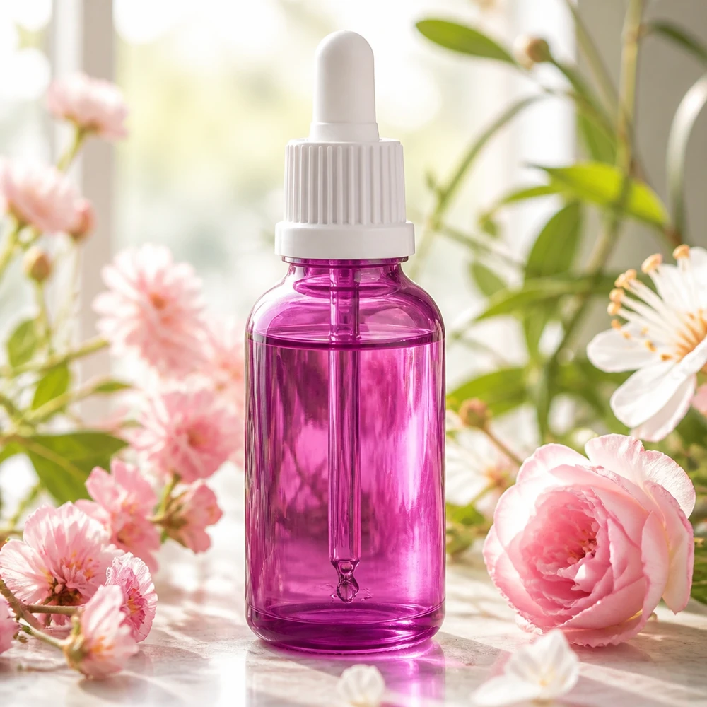 Frasco pipeta violeta de 30 ml con tapón de rosca blanco para aplicaciones de aromaterapia