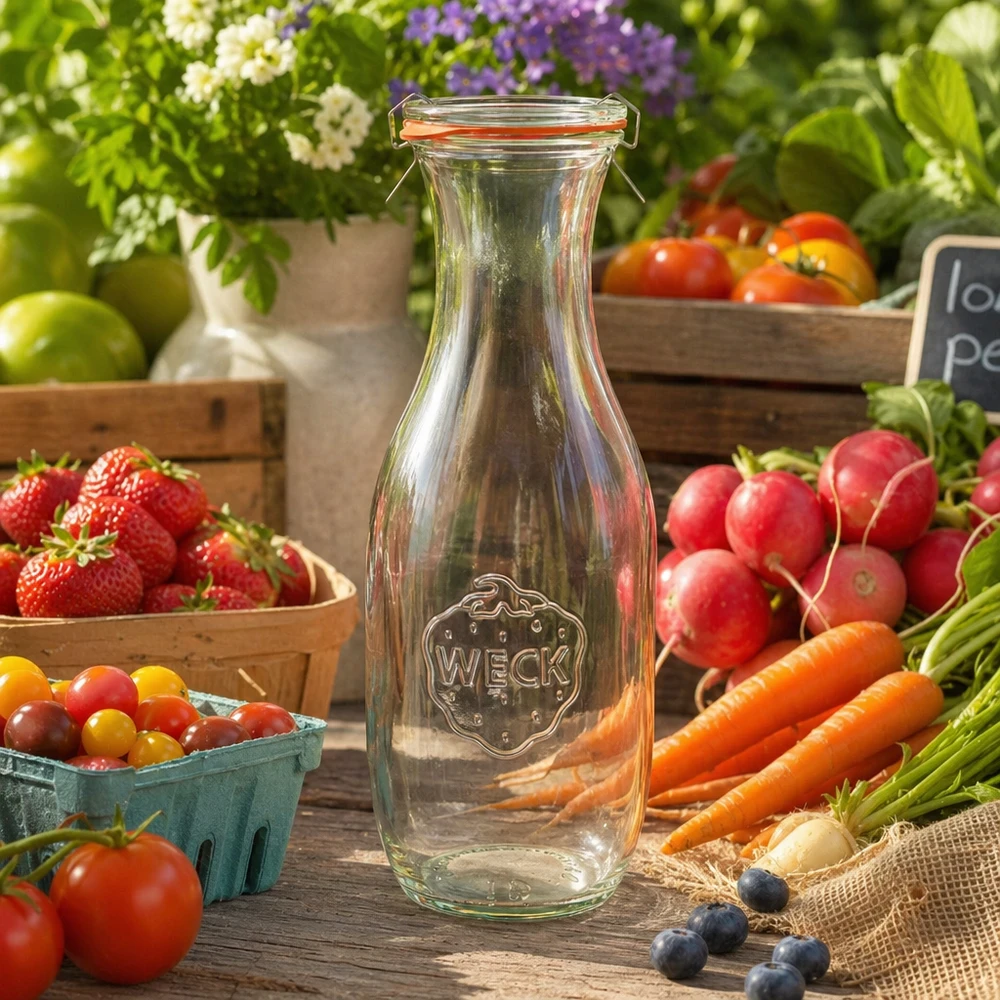 Botella para zumo de 1062 ml, juego completo WECK RR60 Botella de zumo WECK 1062ml RR60 vacía entre verduras frescas fruta sobre mesa de madera ambiente Farmers Market natural