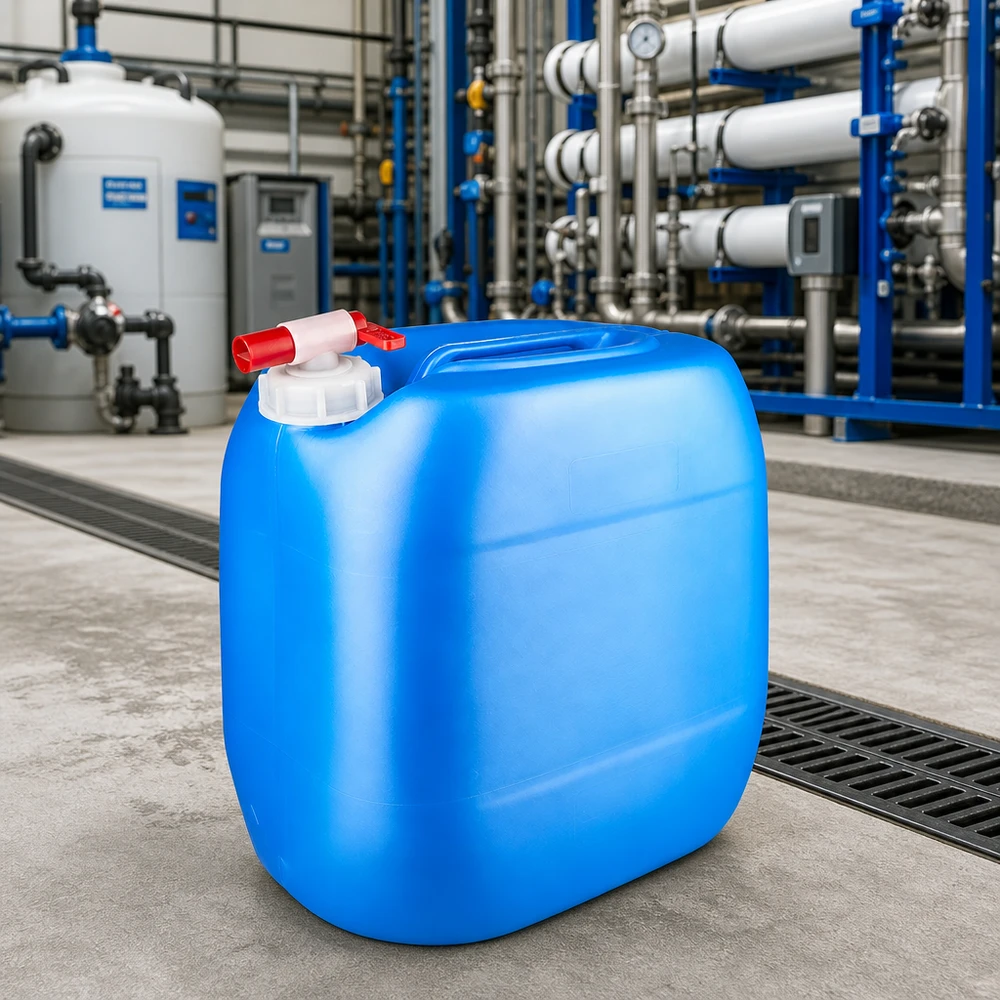 Bidon 30 litros azul con grifo de vaciado Depósito de agua portátil de 30 litros, de color azul y con grifo de salida, en una moderna planta de tratamiento de agua