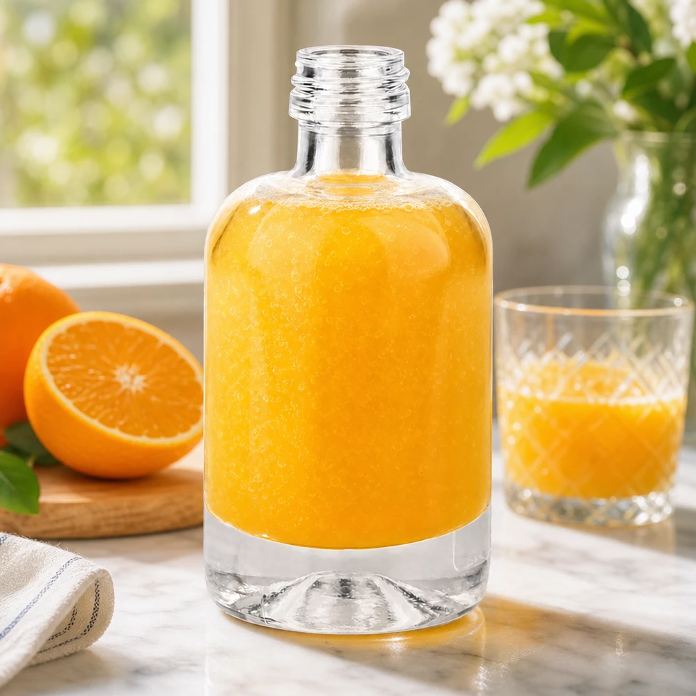 Botella de vidrio de 40 ml «Sara» sin tapón de rosca UNiTWIST® Botella de cristal de 40 ml Sara llena de zumo de naranja muestra versatilidad para bebidas y cosméticos sin tapón