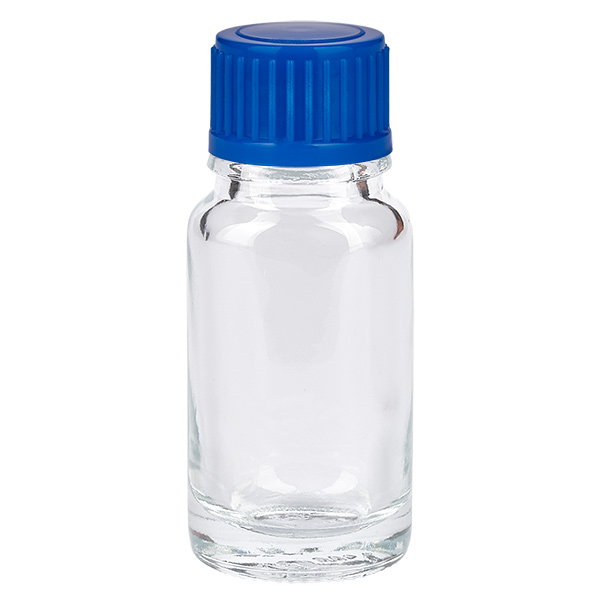 Botella 10ml tapón rosca 11mm azul estándar ClearLine UT18/10 Frasco de vidrio transparente de 10 ml con tapón de rosca azul ClearLine UT18/10 para aplicaciones farmacéuticas