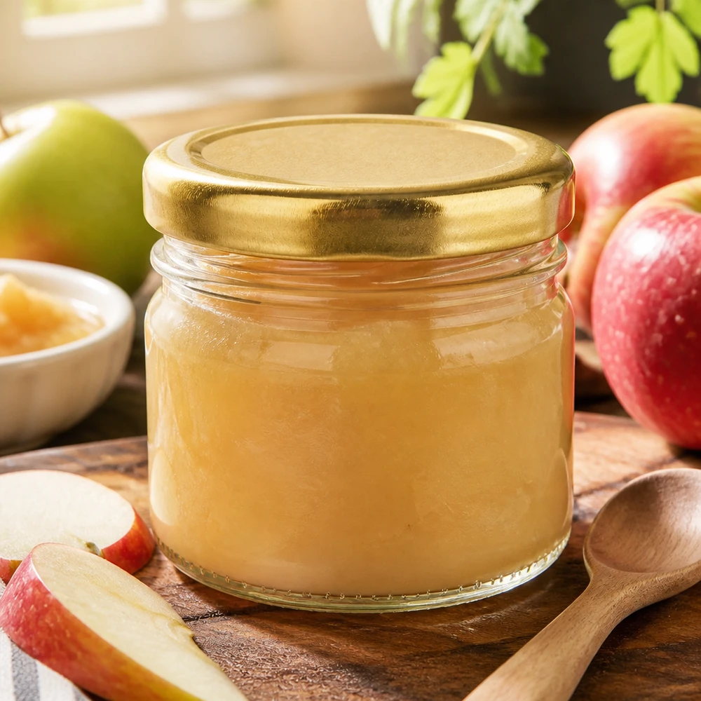 Frasco redondo de cristal de 33 ml + tapa BasicSeal dorada UNiTWIST Compota de manzana en un tarro redondo pequeño de 33 ml con tapa BasicSeal dorada, sobre una tabla de madera con manzanas frescas