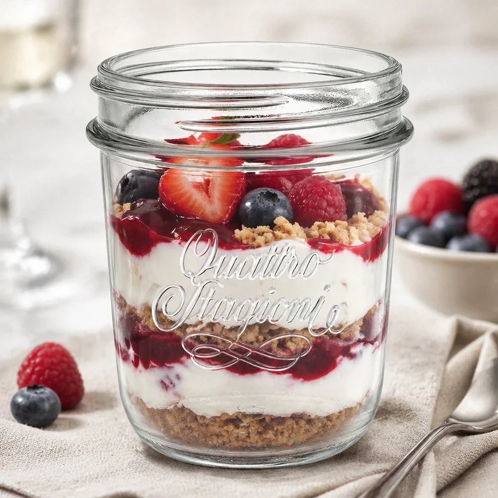 Vaso "Quattro Stagioni" 320ml QS86mm Tarro de cristal Quattro Stagioni 320ml relleno de postre con capa de bayas QS86mm tarro de cristal con tapa de rosca
