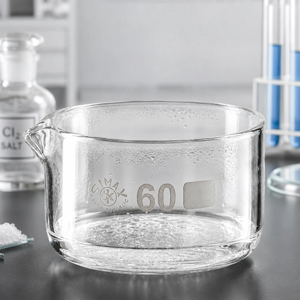 Cubeta de cristalización de 60 ml, vidrio borosilicato Simax (República Checa), con boca de vertido plana y cilíndrica, cubeta de laboratorio transparente