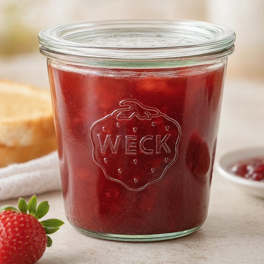 Vasos WECK RR100 de 580 ml con mermelada de fresa roja y logotipo de fresa en la encimera de la cocina